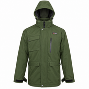 ATTIA men's hooded field jacket in Olive Green, front view — AI visualisation