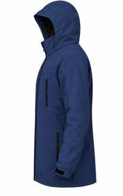 ATTIA longline jacket – Navy, side view (digital visualisation)