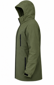 ATTIA longline jacket – Olive Green, side view (digital visualisation)